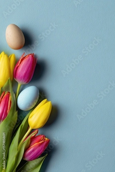 Fototapeta A vibrant arrangement of tulips in yellow and pink hues, accompanied by pastel-colored eggs, is artfully positioned against a serene light-blue backdrop, leaving ample space on the right