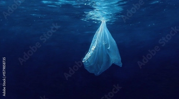 Fototapeta An underwater shot depicts a single, translucent plastic bag suspended in deep blue ocean water, highlighting the issue of marine pollution