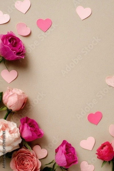 Fototapeta A neutral backdrop features a border of pink and magenta roses and small paper hearts.  The hearts are scattered around the roses, leaving a central empty space