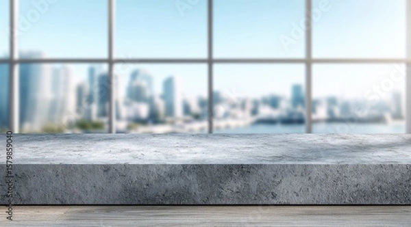 Fototapeta A concrete countertop, sits before a blurred cityscape viewed through a large window, suggesting a modern, spacious interior