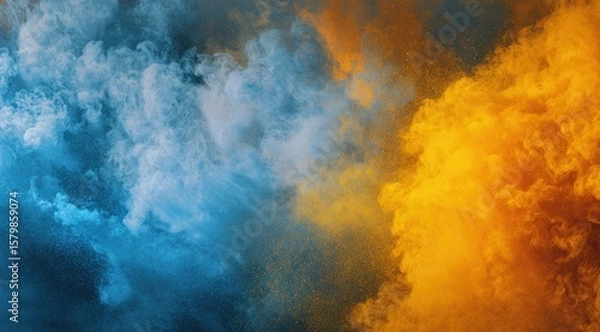 Fototapeta An abstract image featuring vibrant blue and orange smoke plumes, contrasting sharply against a dark background, creating a dynamic and visually striking composition
