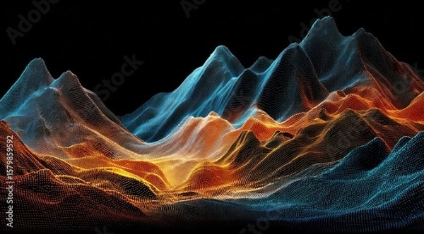 Fototapeta Abstract landscape of vibrant, multicolored, glowing, particle mountains against a black background.  The peaks and valleys create a dynamic, three-dimensional effect