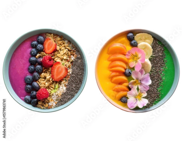 Fototapeta Top-down view of two vibrant smoothie bowls arranged in rainbow layers with colorful toppings