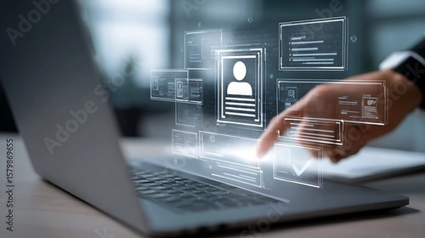 Fototapeta Person Using Digital Interface with Profile Data on Laptop Screen
