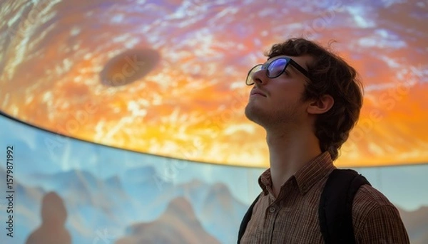 Fototapeta Young Man Looking Up at Immersive Science and Technology Exhibit