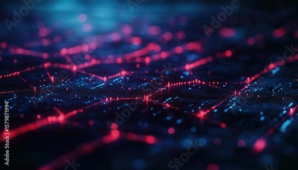 Fototapeta Abstract Digital Network with Glowing Red Data Connections and Blue Cyber Points