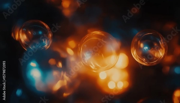 Fototapeta Abstract Translucent Spheres with Orange Blue Bokeh Lights on Dark Background