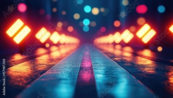 Fototapeta Futuristic Neon Path with Glowing Cyberpunk Lights and Vibrant Bokeh Background