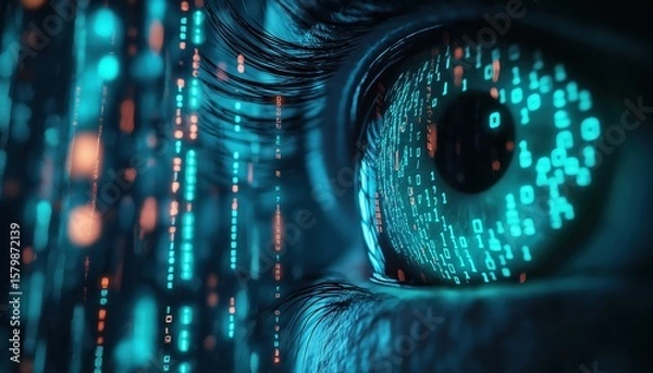 Fototapeta Macro Human Eye with Digital Data Overlay Representing Technology, AI, and Future Vision