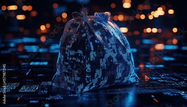 Fototapeta Digital Money Bag with Glowing Binary Code on Cyber Background Tech Finance and Data Secu