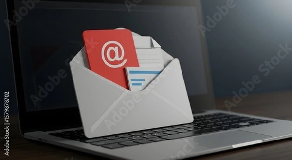 Fototapeta E-mail Communication Concept: A close-up captures an opened digital email with an 'at' symbol prominently displayed against a digital screen.  It symbolizes communication and message delivery.