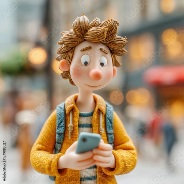 Fototapeta A cartoon boy is looking at his cell phone while walking down the street. He is wearing a yellow jacket and has a backpack on. The scene is set in a busy city with many people walking around