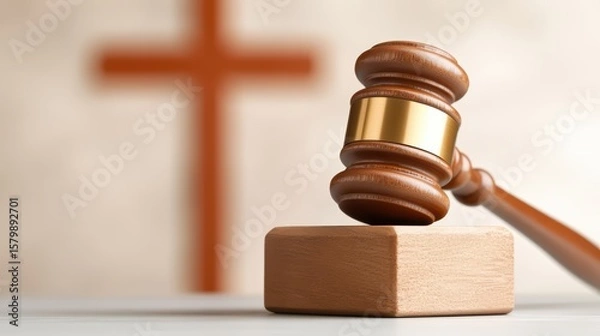 Fototapeta A wooden judge"s gavel rests on a block with a blurred cross in the background, symbolizing law, justice, and religious influence in legal matters.