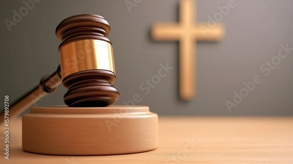 Fototapeta A wooden judge's gavel rests on its sound block with a blurred Christian cross in the background, symbolizing the intersection of law and religion.