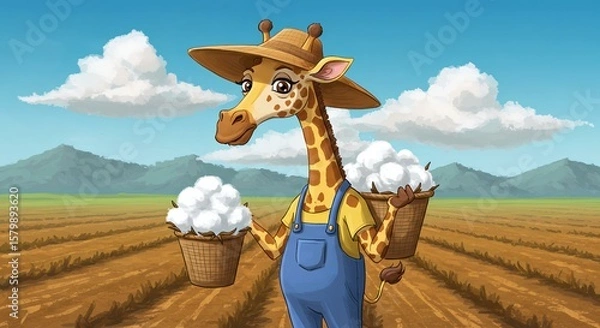 Obraz Giraffe Farmer Harvesting Cotton in a Sunny Field