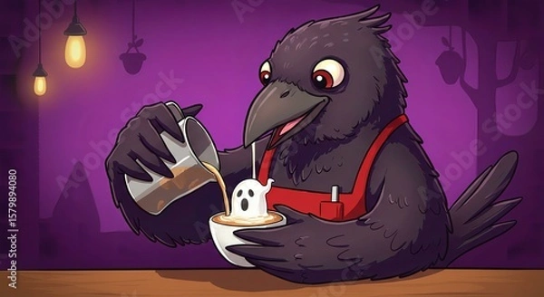 Obraz Spooky Latte Art: A Raven Barista Serves a Ghostly Delight