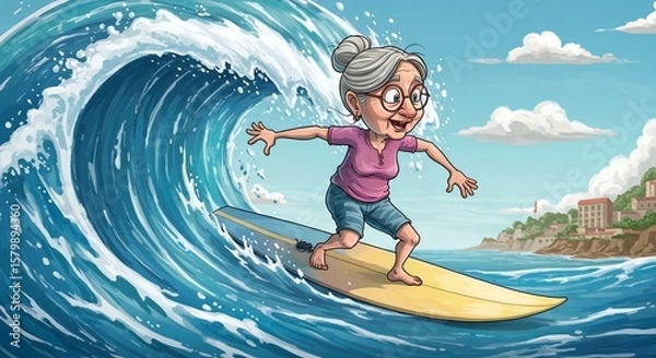 Obraz Grandma's Epic Surfing Adventure:  A Vibrant Coastal Scene of a Spirited Senior Riding a Massive Wave