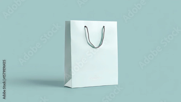 Fototapeta Clean Glossy White Paper Shopping Bag with Grey Rope Handles on a Soft Light Blue Background, Perfect for Retail Branding, Gifts, and Product Packaging Mockups.