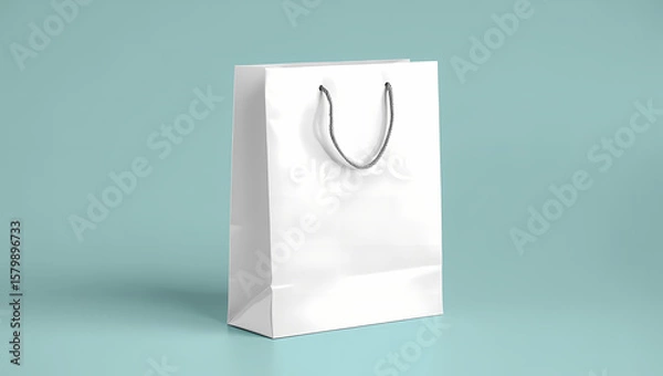 Fototapeta Clean Glossy White Paper Shopping Bag with Grey Rope Handles on a Soft Light Blue Background, Perfect for Retail Branding, Gifts, and Product Packaging Mockups.