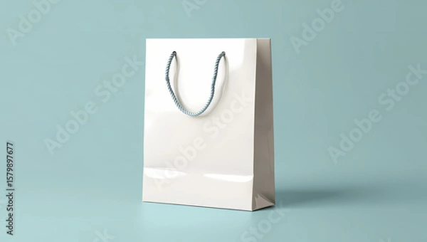 Fototapeta Clean Glossy White Paper Shopping Bag with Grey Rope Handles on a Soft Light Blue Background, Perfect for Retail Branding, Gifts, and Product Packaging Mockups.