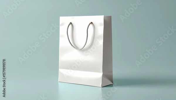 Fototapeta Clean Glossy White Paper Shopping Bag with Grey Rope Handles on a Soft Light Blue Background, Perfect for Retail Branding, Gifts, and Product Packaging Mockups.