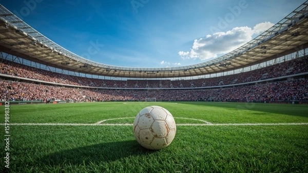 Fototapeta A solitary soccer ball awaits the whistle on the pristine green field before a colossal stadium overflowing with passionate fans ready for the electric atmosphere of the big game