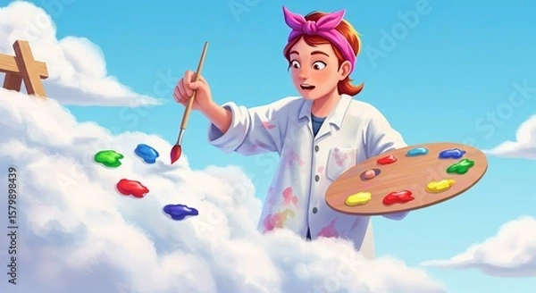 Obraz Girl Painting Cloudscape: A Whimsical Artistic Creation