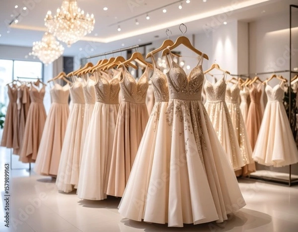 Fototapeta elegant dresses hanging on hangers in a clothing store