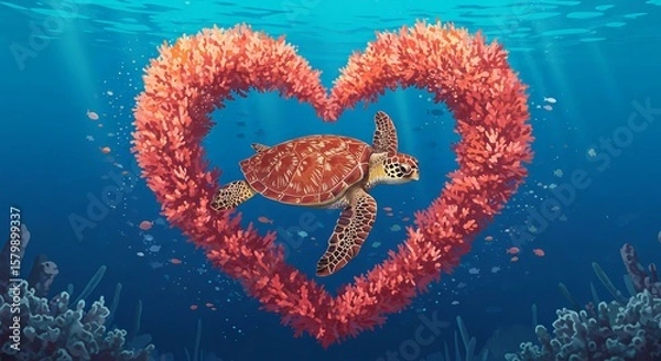 Obraz Sea Turtle Love: An Underwater Heart of Coral