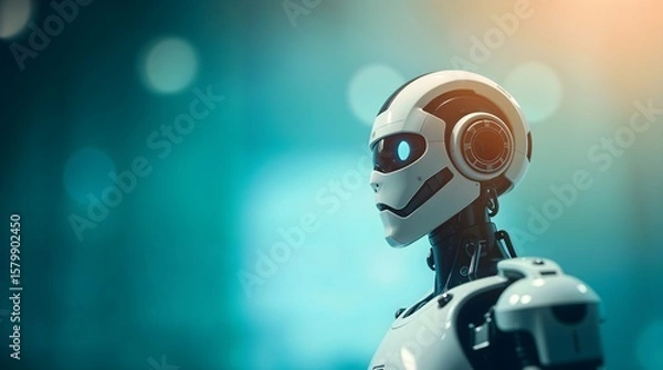 Obraz Sleek Futuristic Robot with Glowing Blue Eyes on Tech Background