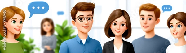 Fototapeta A diverse group of five animated young professionals engage in a friendly conversation with speech bubbles, set in a modern office environment.