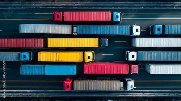 Obraz Trucks and Containers on Road Aerial View