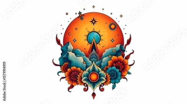 Fototapeta Retro Tattoo Style Graphic with Cosmic and Botanical Elements