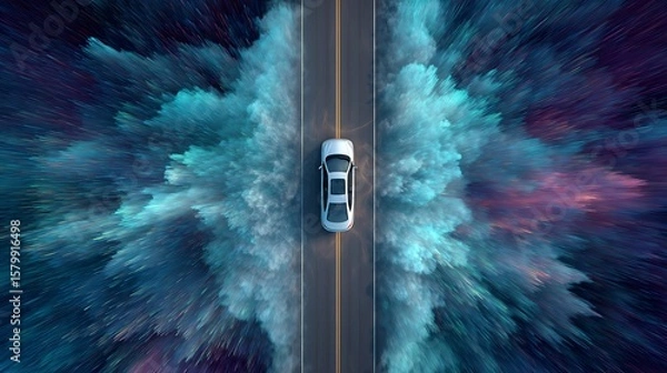 Obraz Car Travels on Road with Abstract Colorful Background