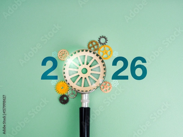 Obraz 2026 new year with green business trends, planning, goal and success management concept. Calendar numbers with wooden gear in magnifying glass lens, surrounded with many cogwheels on green background.