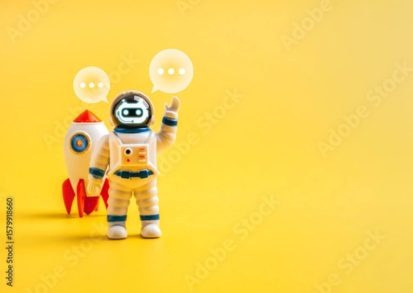Obraz Artificial intelligence technology, business startup concept. AI chatbot astronaut who raise hand to say hello, with conversation speech bubbles, near rocket jet, yellow background with copy space.