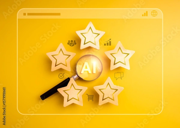 Obraz Artificial intelligence customer feedback analysis concept. "AI" in magnifying glass, surrounded with five stars rating and business marketing icons on satisfaction website page, yellow background.