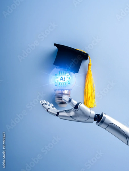 Obraz AI learning, artificial intelligence education assistant technology concept. AI chip icon glowing inside light bulb, wearing graduation hat, holding by robot humanoid hand on blue vertical background.