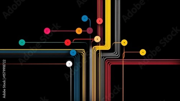 Obraz Minimalist and colorful city train transit map featuring seven small circle stations, simple design emphasizing clarity, easy navigation, and modern urban transportation concept.