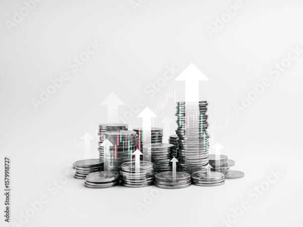 Obraz Investment, savings, business finance, stock market trading, economic growth concept. Many arrows rise up from silver money coin stack groups with green and red candlesticks on white background.