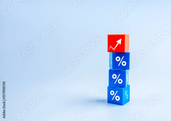 Obraz Business growth process and economic, grow marketing, inflation, interest rates and tax concepts. Rise arrow on red, stack on blue cube blocks with percentage icon, plain background with copy space.