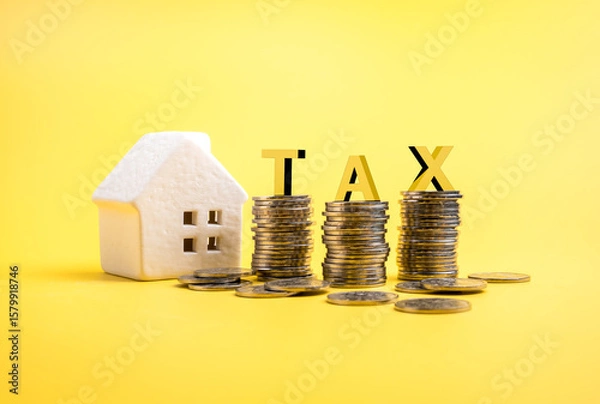 Obraz Property tax, home investment, interest rates, mortgage rates, real estate concept. 3d letters T, A and X, on coins stack near white small house toy, isolated on yellow background, minimalist.