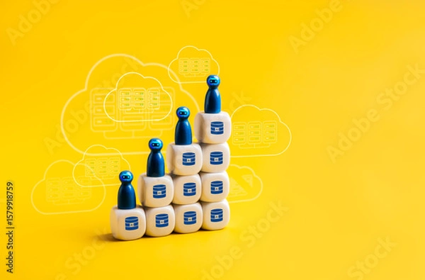Obraz AI Data center growth, increased demand for digital infrastructure, and smart applications concept. Data center icon cube blocks graph steps with bot symbols and cloud storage, on yellow background.