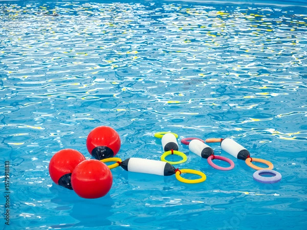 Obraz Colorful dolphin training toys, red buoys and multi colors rings, floating on the water pool. Holiday and vacation, summer fun show concept.