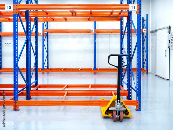 Obraz Yellow hand pallet truck or hydraulic pallet jack, parked near rack, steel shelves, ready to loading goods, in warehouse. Manual Hand Lift. Pallet Jack Loader. Industry tools and equipment concept.