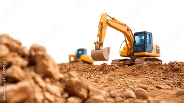 Fototapeta p3685236 33 Excavator and two bulldozer loader close-up on a white isolated background.Construction equipment for earthworks. element for design. Rental of construction equipment. 75172256 1