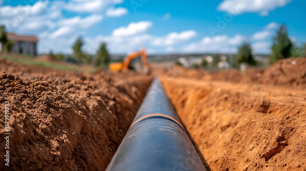 Fototapeta p3685236 42 Modern water supply and sewerage system. Underground pipeline works. Water supply and wastewater disposal of a residential city. Close-up of underground utilities. View from the 85406516 1