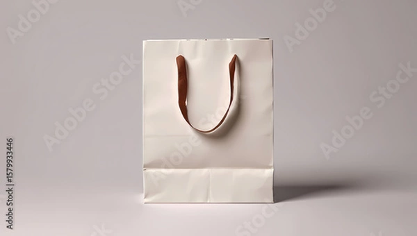 Fototapeta Clean Empty White Paper Shopping Bag with Gold-Colored Handles on a Neutral Grey Background, Ideal for Retail Branding, Gifts, and Product Packaging Mockups.
