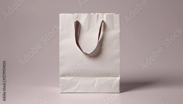 Fototapeta Clean Empty White Paper Shopping Bag with Gold-Colored Handles on a Neutral Grey Background, Ideal for Retail Branding, Gifts, and Product Packaging Mockups.