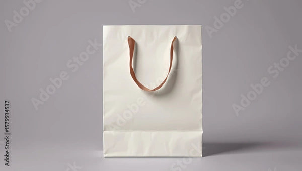 Fototapeta Clean Empty White Paper Shopping Bag with Gold-Colored Handles on a Neutral Grey Background, Ideal for Retail Branding, Gifts, and Product Packaging Mockups.